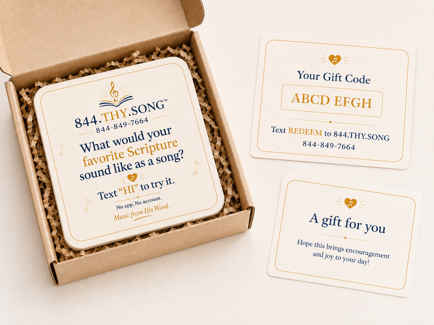 Example of the mailed 844.THY.SONG physical gift package with a coaster and gift code card